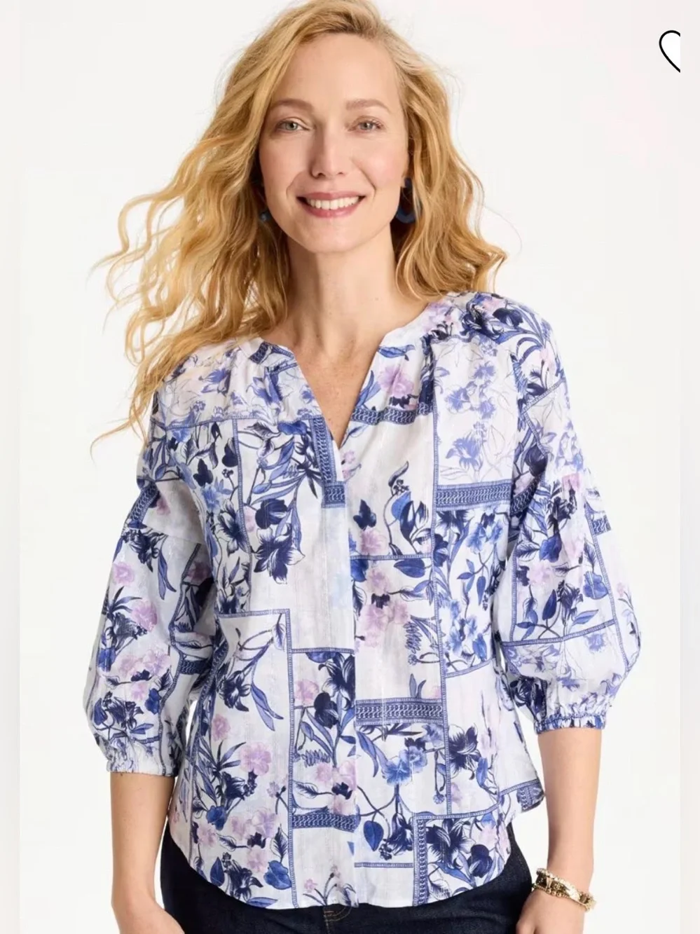 NWT Chicos Cotton Printed Billow Sleeve Patchwork Blouse, size 1, medium